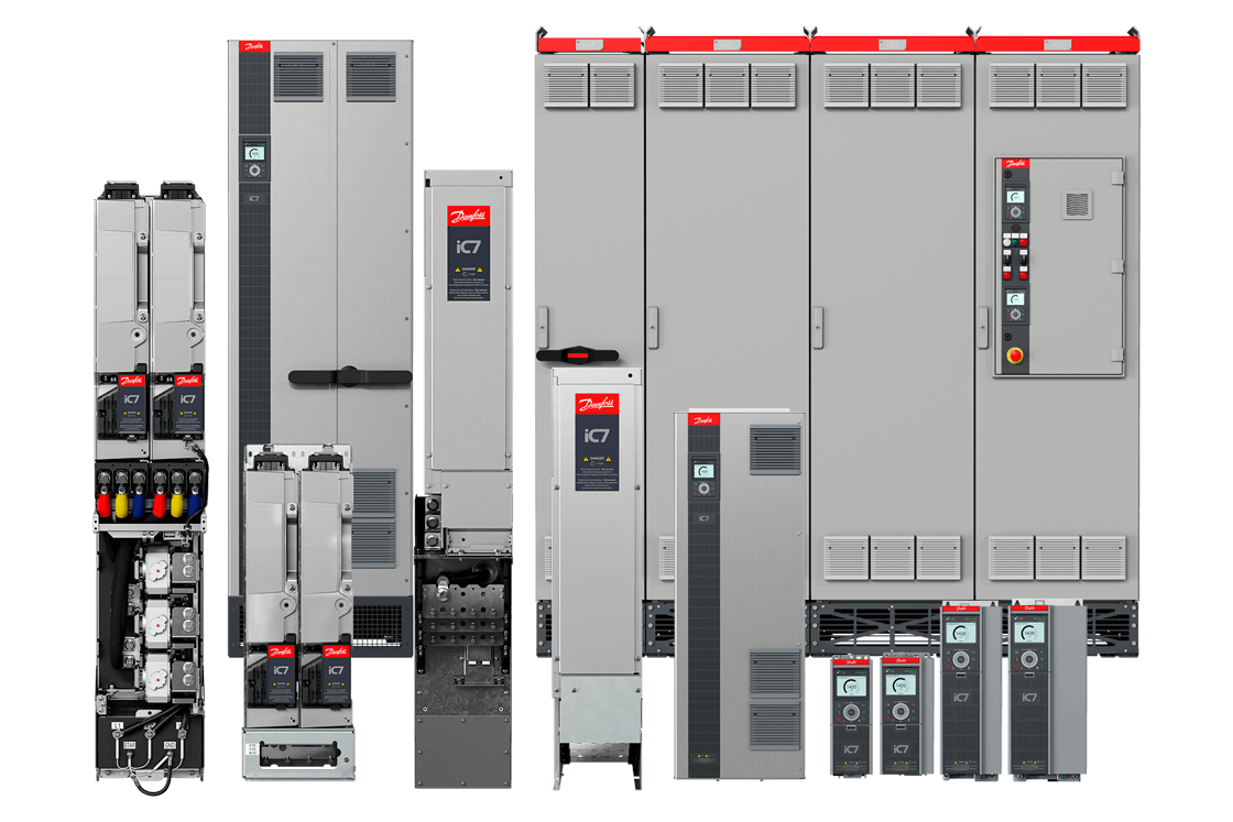 Familia completa de variadores Danfoss iC7 — desde módulos compactos hasta gabinetes de alta potencia